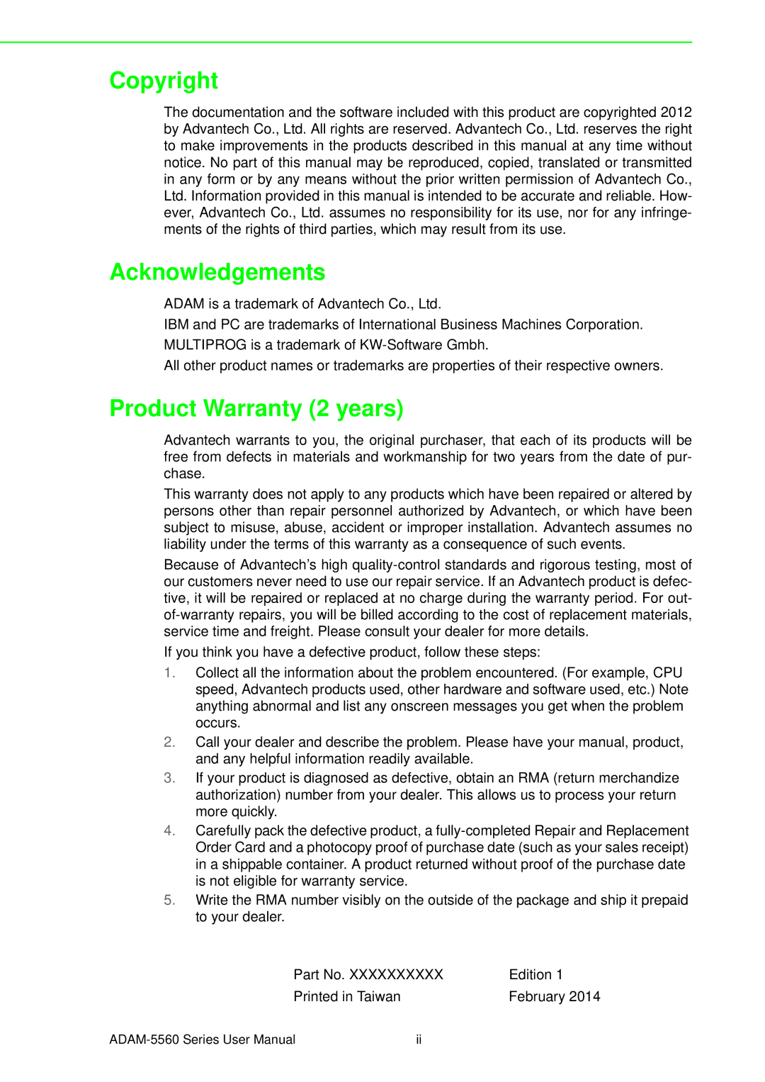 Advantech ADAM-5560 user manual Copyright Acknowledgements, Product Warranty 2 years 