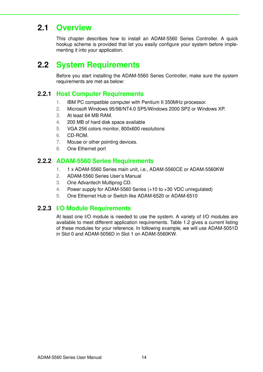 Advantech user manual Overview, System Requirements, Host Computer Requirements, ADAM-5560 Series Requirements 