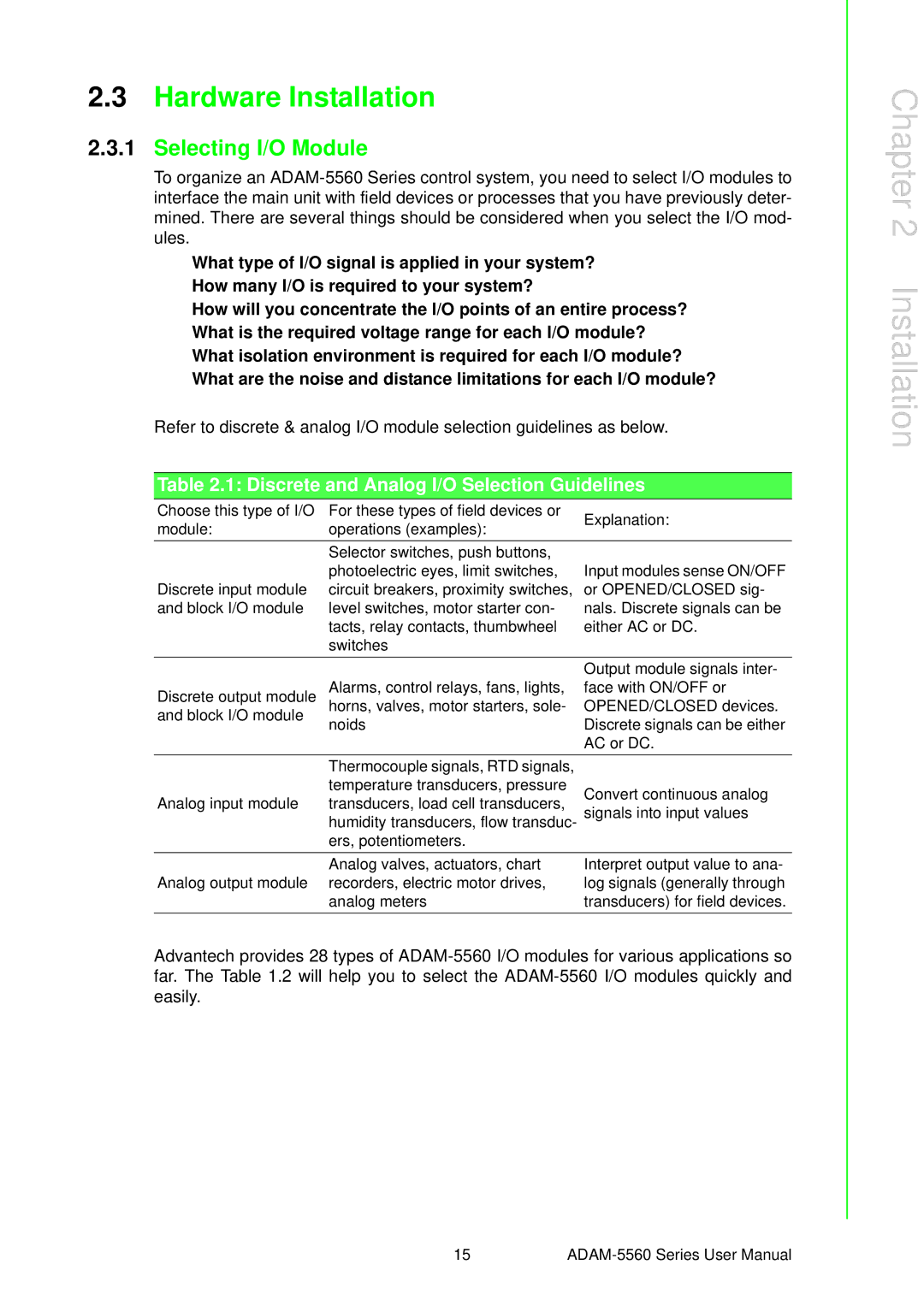 Advantech ADAM-5560 user manual Hardware Installation, Selecting I/O Module 