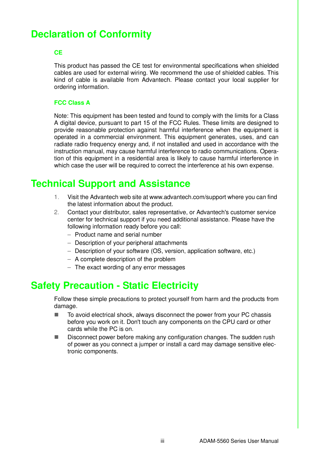 Advantech ADAM-5560 Declaration of Conformity, Technical Support and Assistance, Safety Precaution Static Electricity 