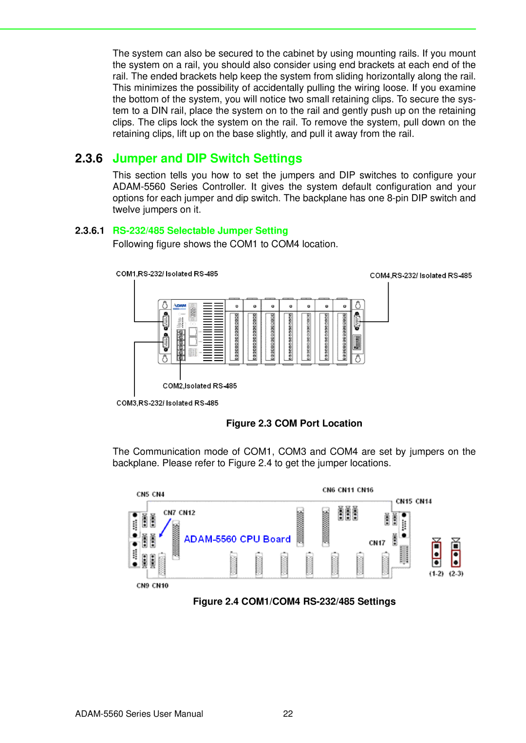 Advantech ADAM-5560 user manual Jumper and DIP Switch Settings, 6.1 RS-232/485 Selectable Jumper Setting 