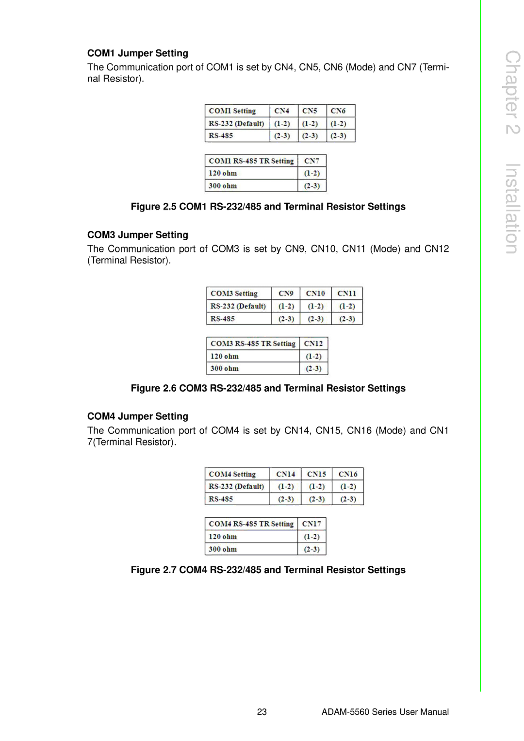 Advantech ADAM-5560 user manual COM4 RS-232/485 and Terminal Resistor Settings 