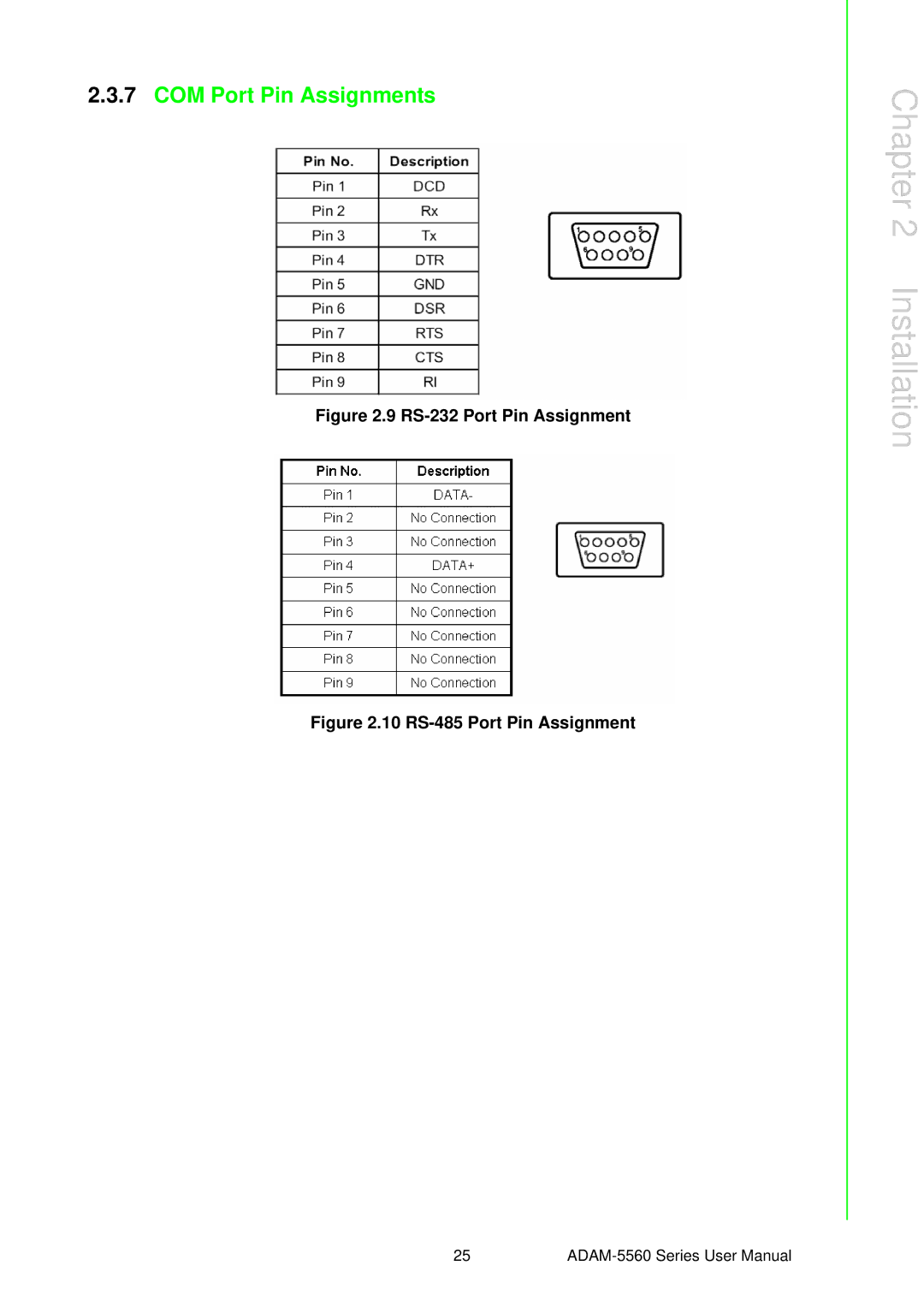 Advantech ADAM-5560 user manual COM Port Pin Assignments, RS-232 Port Pin Assignment 