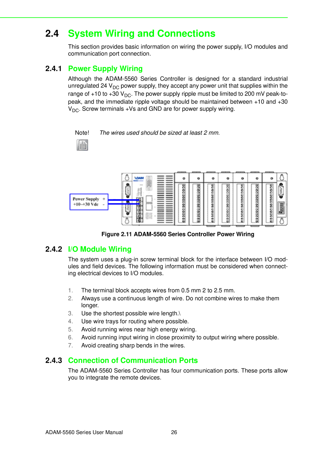 Advantech ADAM-5560 user manual System Wiring and Connections, Power Supply Wiring, 2 I/O Module Wiring 