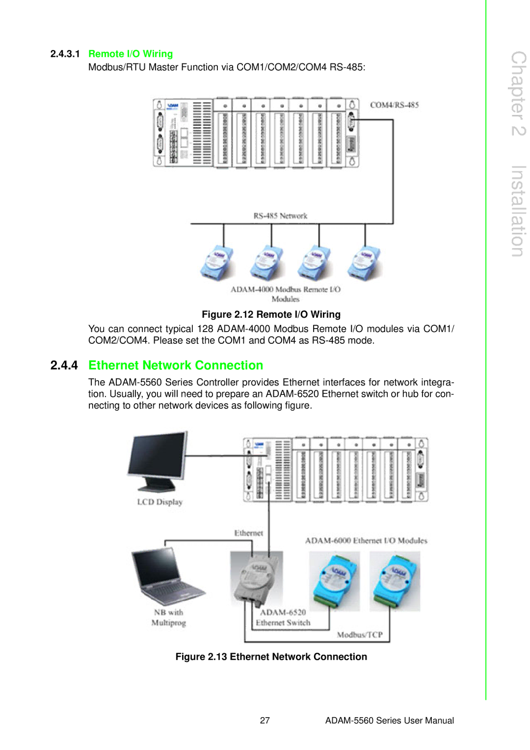 Advantech ADAM-5560 user manual Ethernet Network Connection, Remote I/O Wiring 