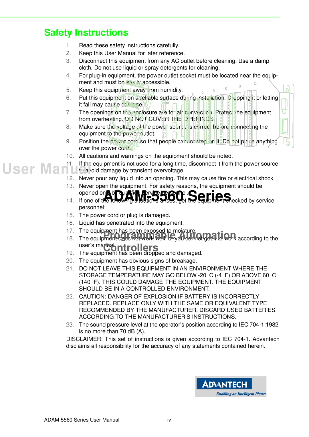 Advantech ADAM-5560 user manual Safety Instructions 