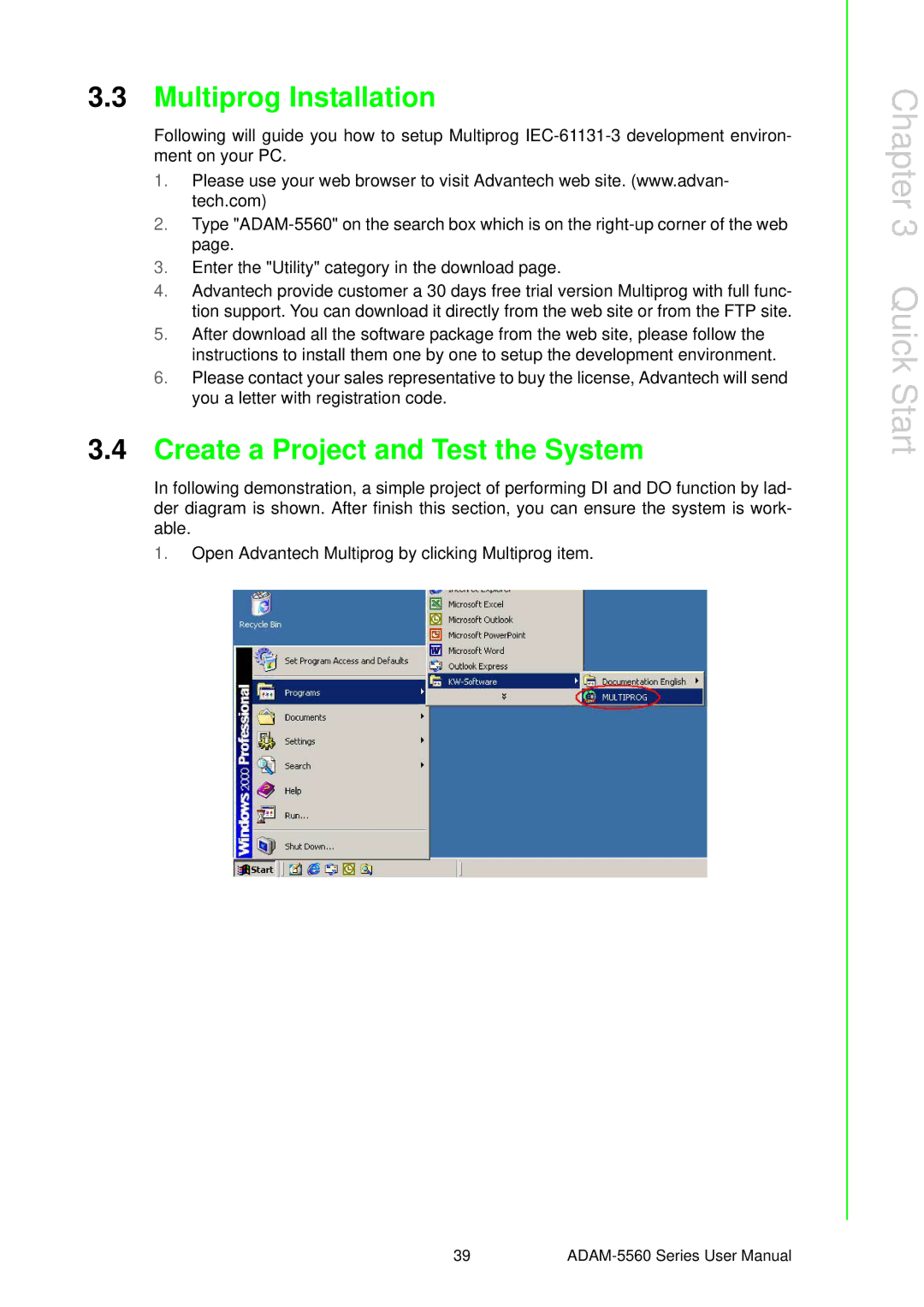 Advantech ADAM-5560 user manual Multiprog Installation, Create a Project and Test the System 