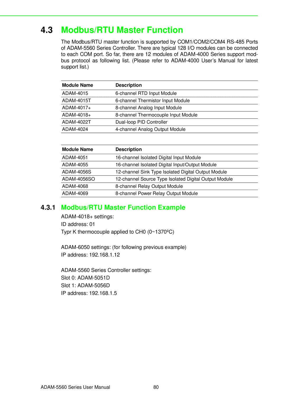 Advantech ADAM-5560 user manual Modbus/RTU Master Function Example 