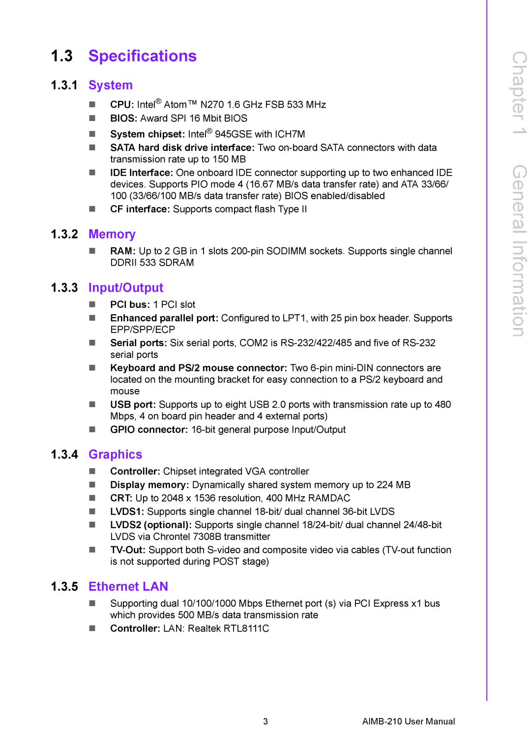 Advantech AIMB-210 user manual Specifications 