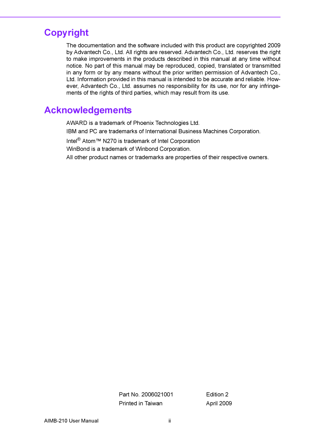 Advantech AIMB-210 user manual Copyright Acknowledgements 