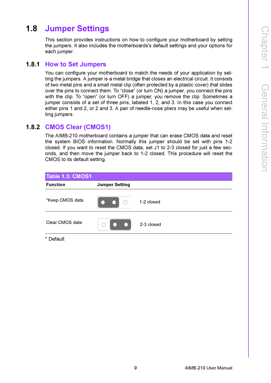 Advantech AIMB-210 user manual Jumper Settings, How to Set Jumpers, Cmos Clear CMOS1 