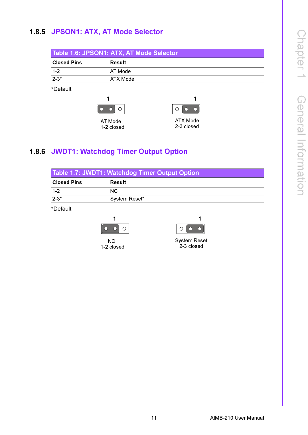 Advantech AIMB-210 user manual JPSON1 ATX, AT Mode Selector, JWDT1 Watchdog Timer Output Option 