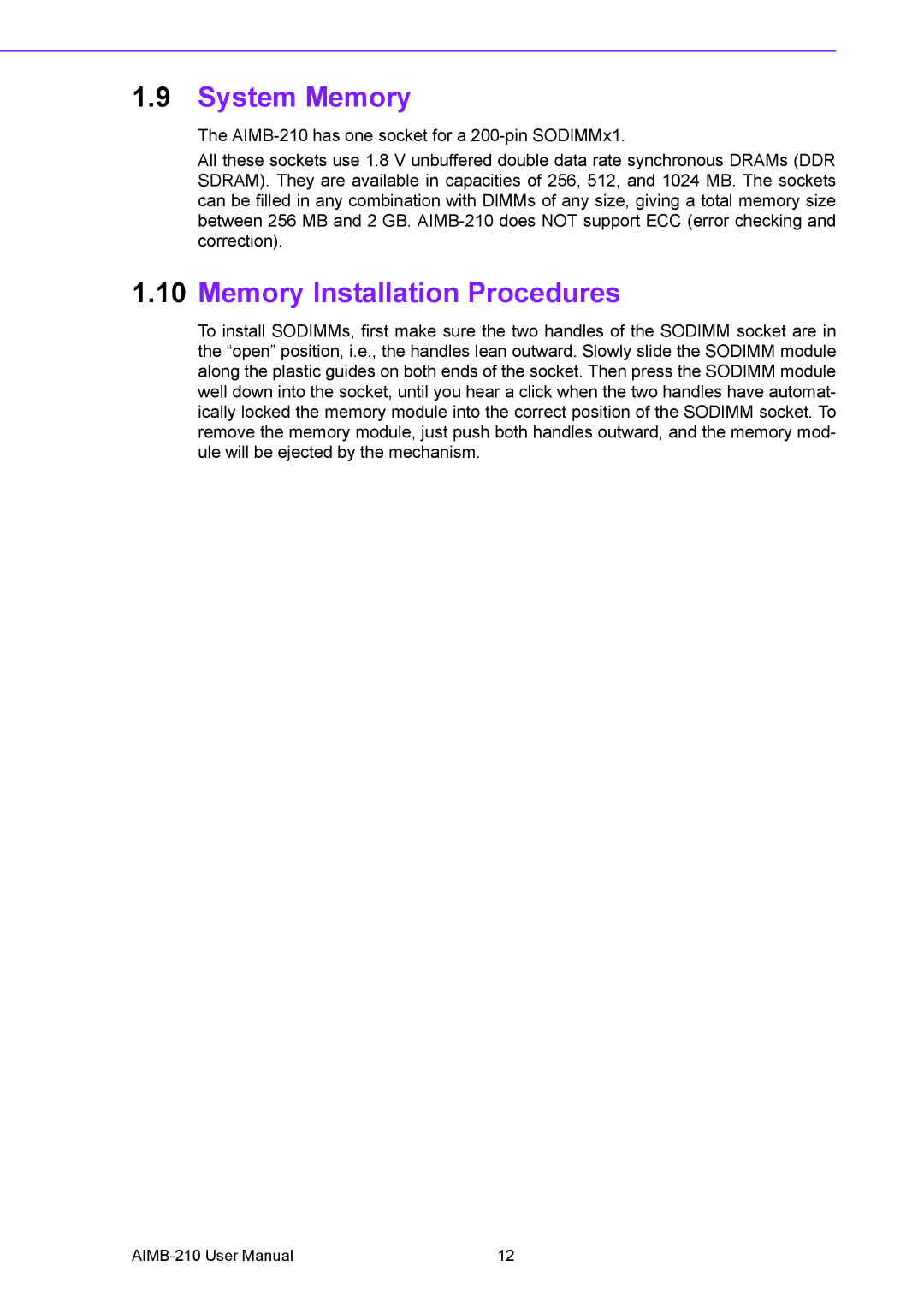 Advantech AIMB-210 user manual System Memory, Memory Installation Procedures 