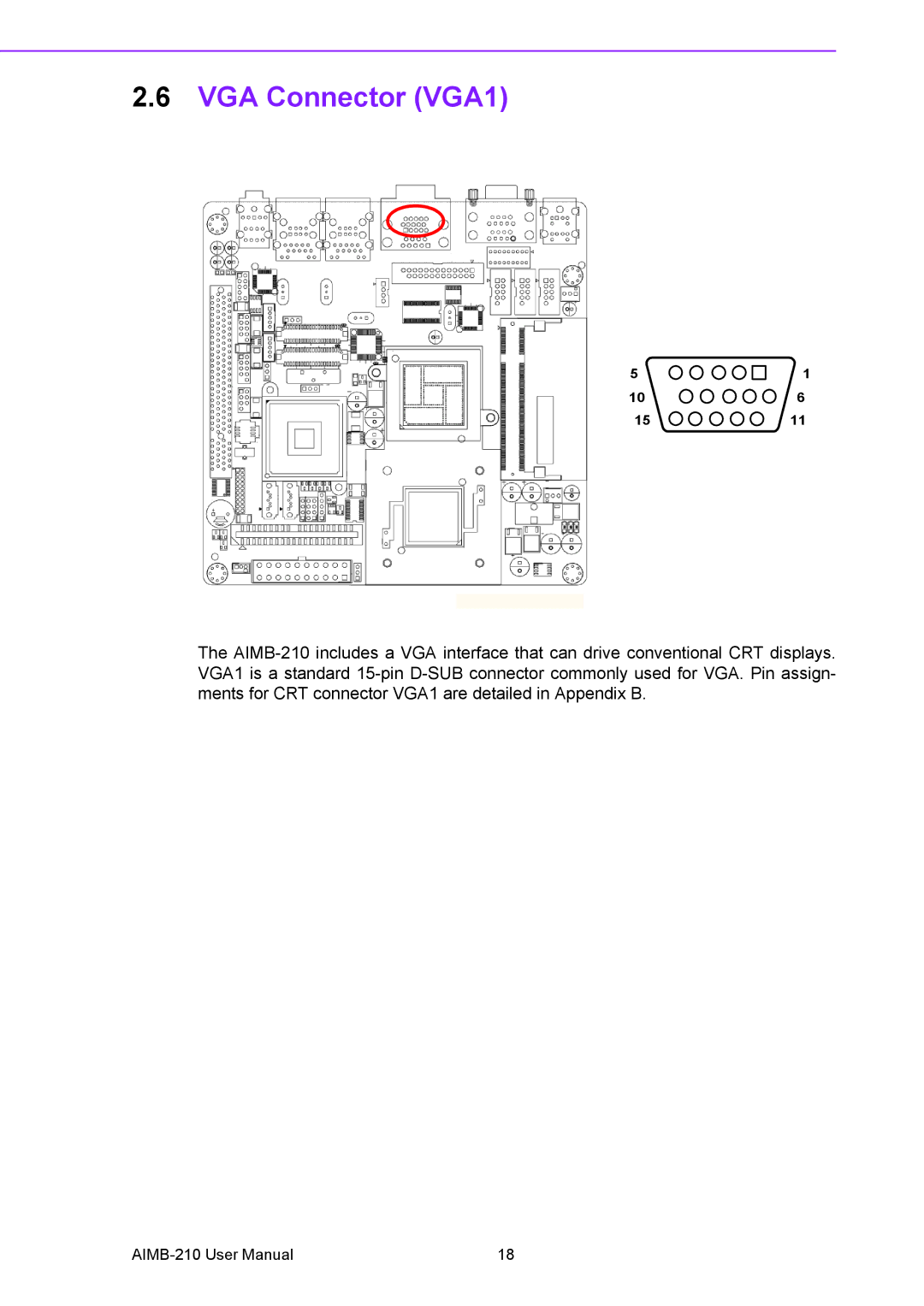 Advantech AIMB-210 user manual VGA Connector VGA1 