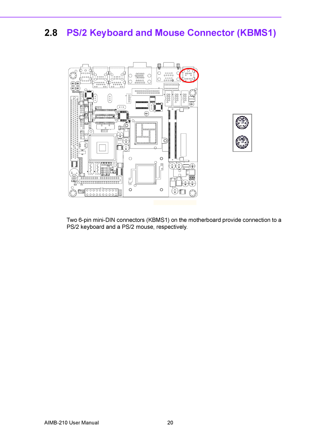 Advantech AIMB-210 user manual PS/2 Keyboard and Mouse Connector KBMS1 