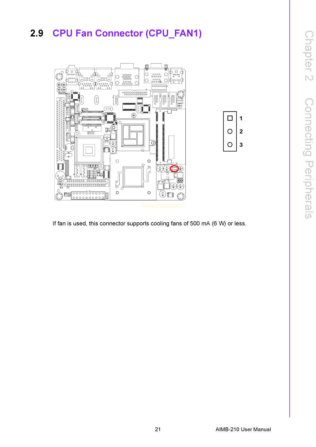 Advantech AIMB-210 user manual CPU Fan Connector CPUFAN1 