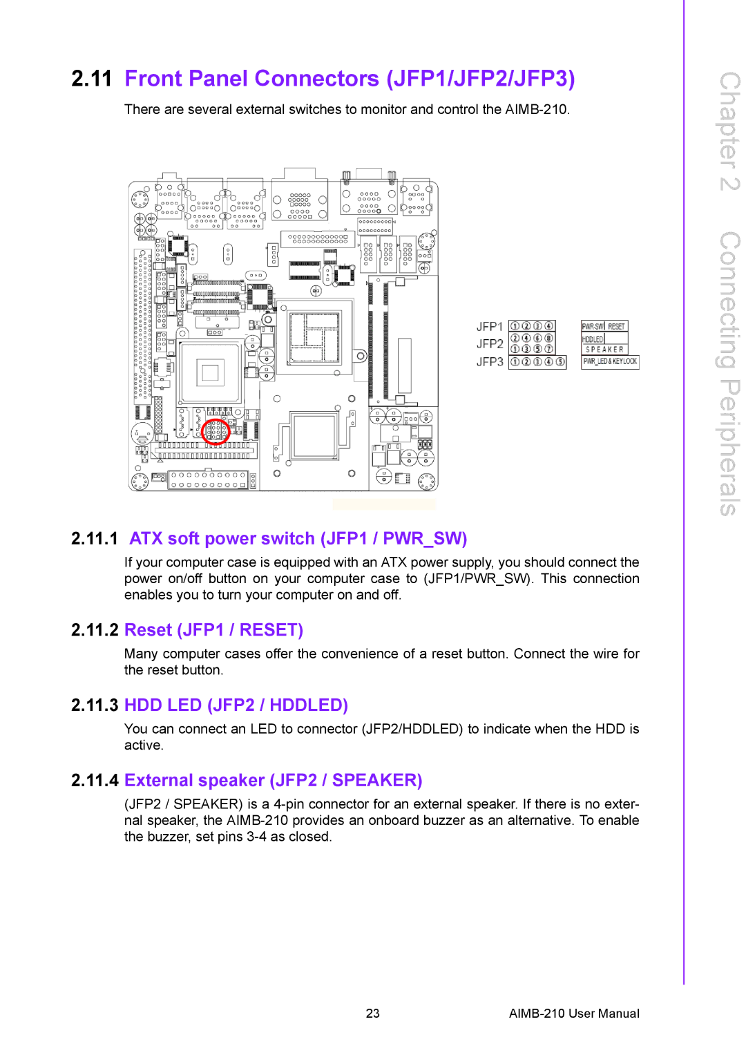 Advantech AIMB-210 Front Panel Connectors JFP1/JFP2/JFP3, ATX soft power switch JFP1 / Pwrsw, Reset JFP1 / Reset 