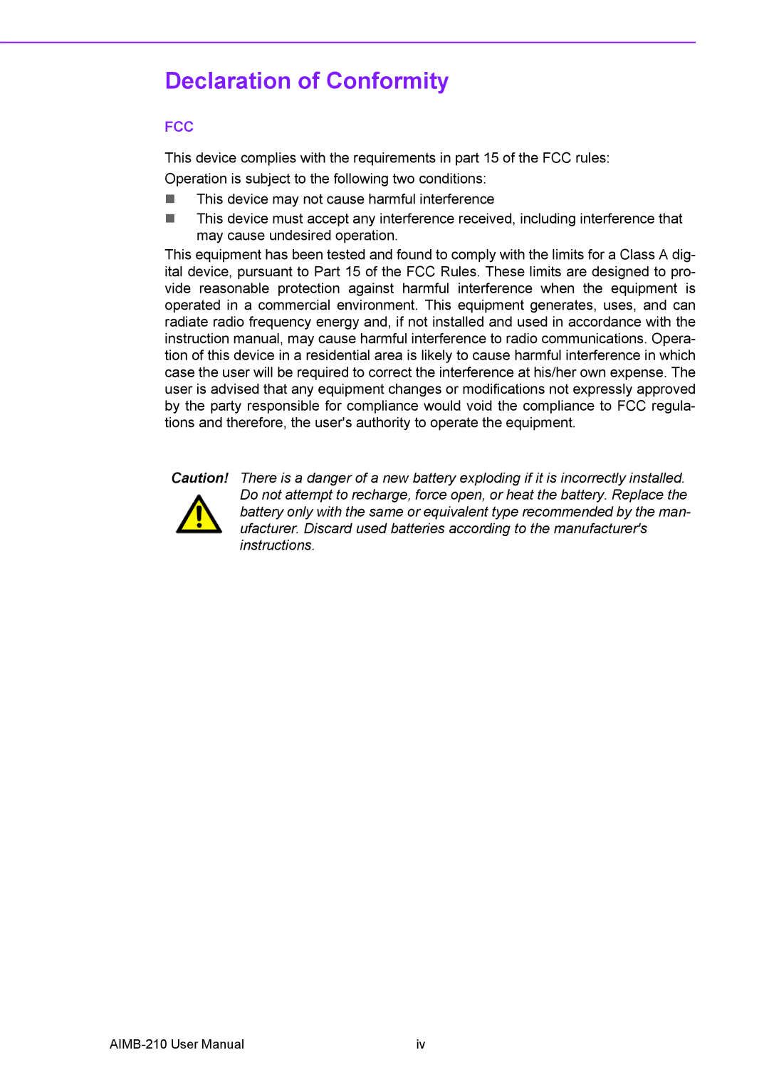 Advantech AIMB-210 user manual Declaration of Conformity, Fcc 