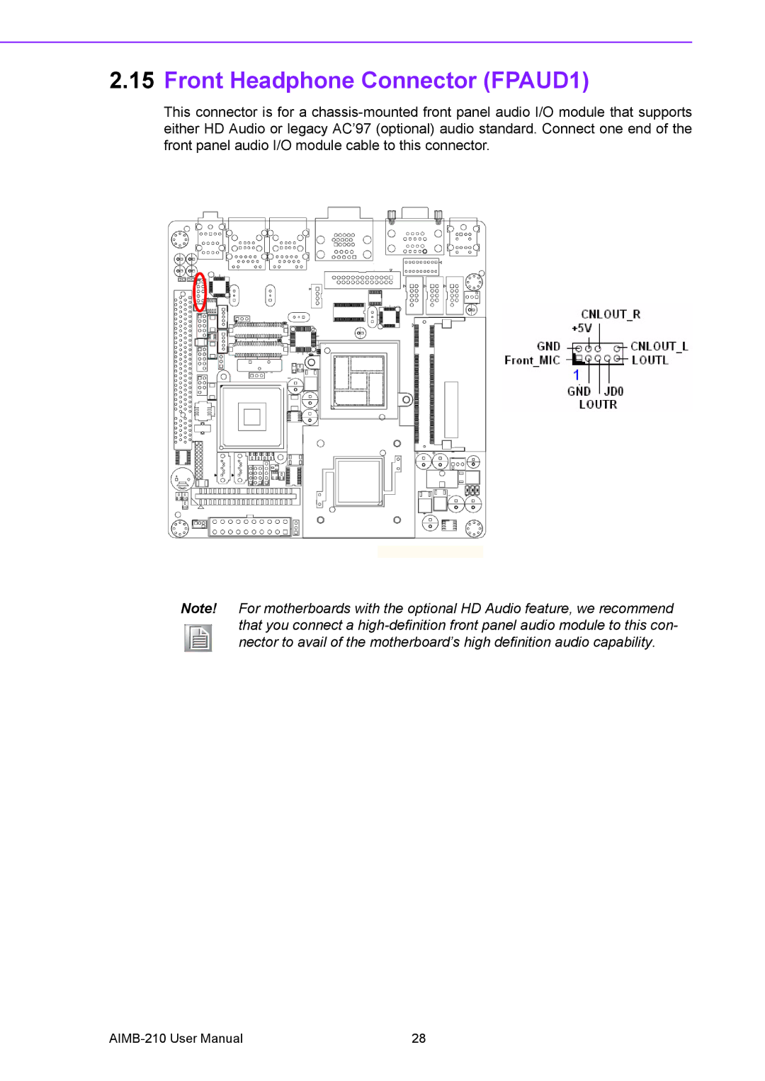 Advantech AIMB-210 user manual Front Headphone Connector FPAUD1 