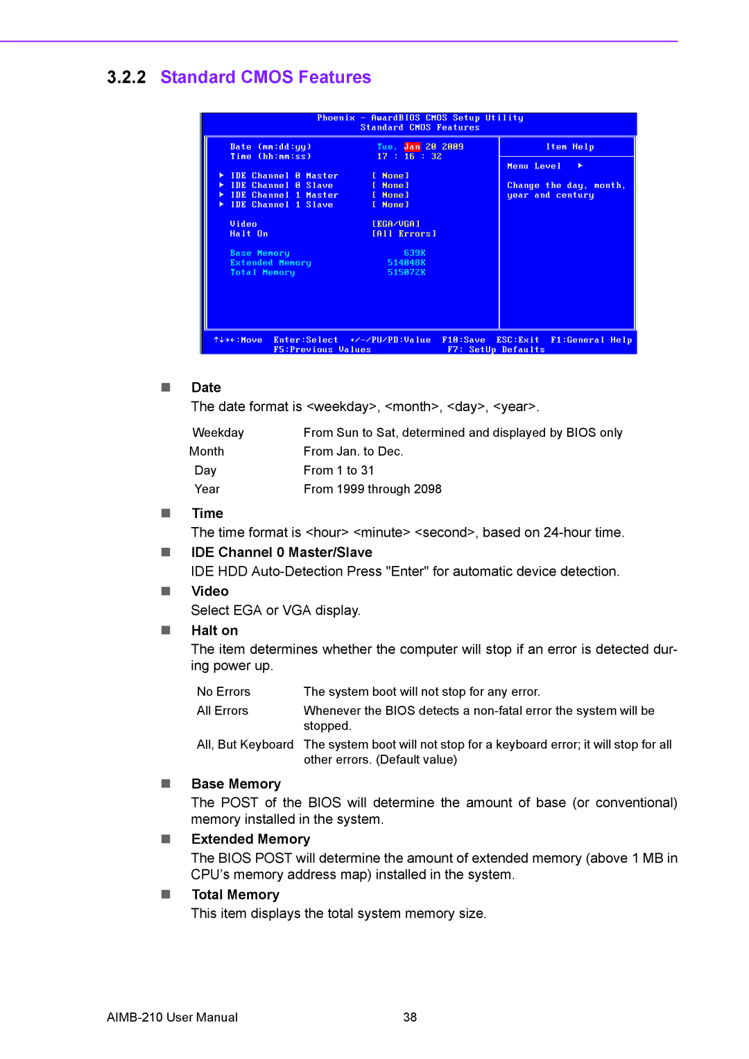 Advantech AIMB-210 user manual Standard Cmos Features 