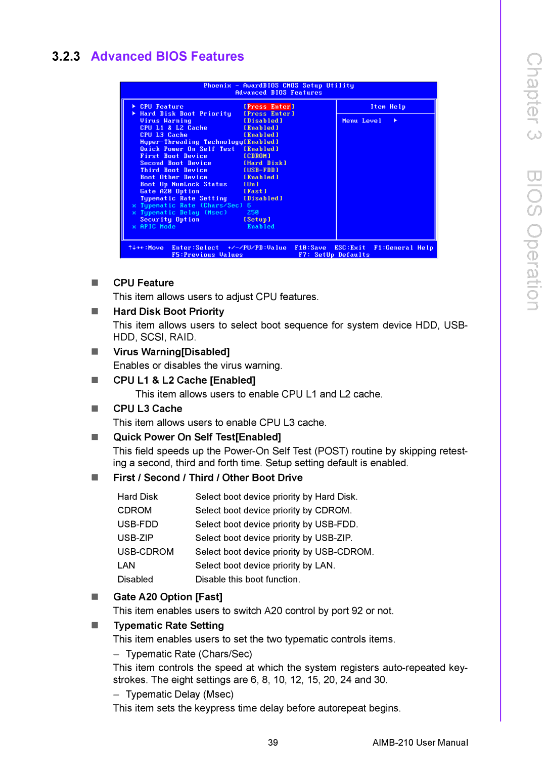 Advantech AIMB-210 user manual Advanced Bios Features 