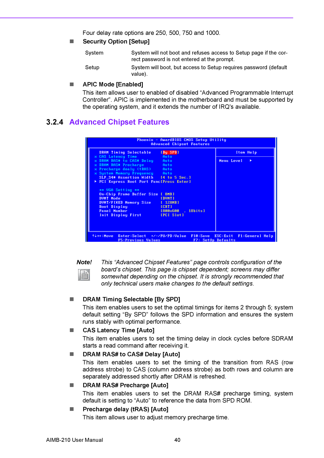 Advantech AIMB-210 user manual Advanced Chipset Features 