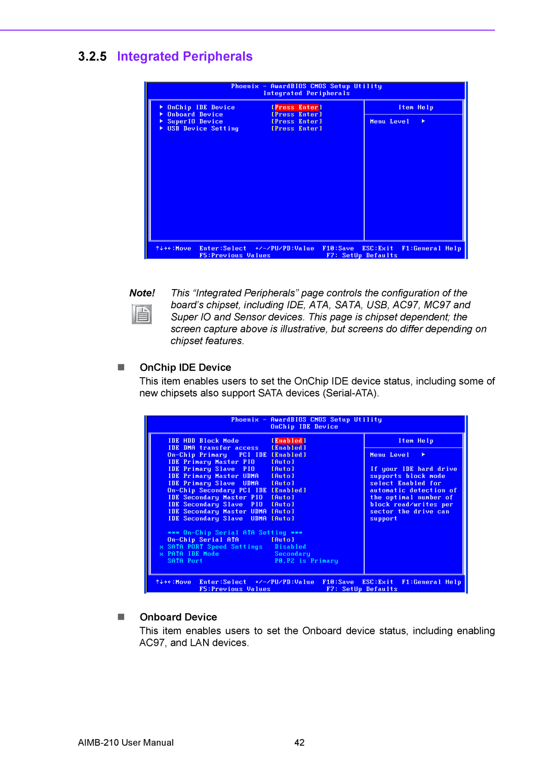 Advantech AIMB-210 user manual Integrated Peripherals, OnChip IDE Device, Onboard Device 