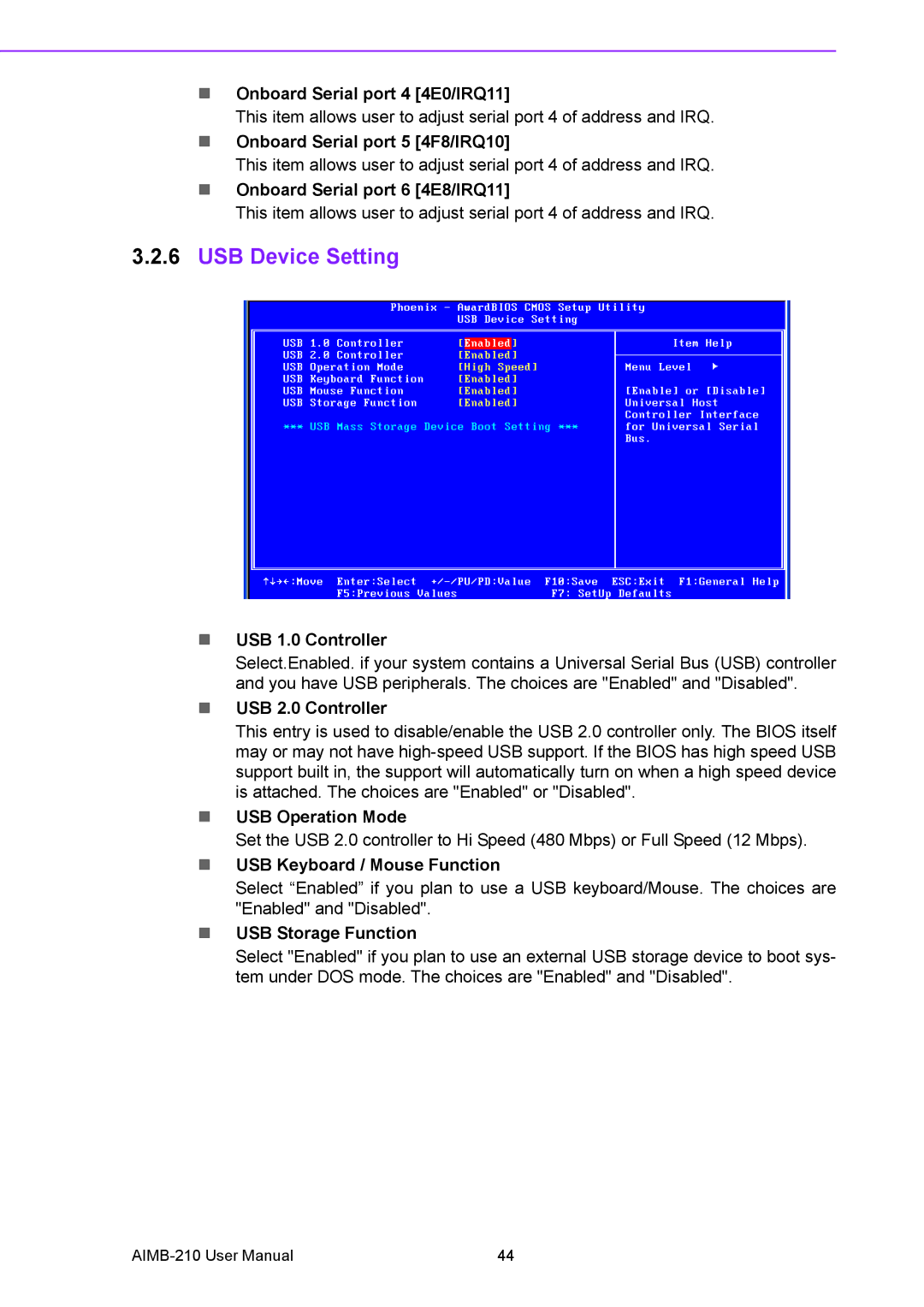 Advantech AIMB-210 user manual USB Device Setting 