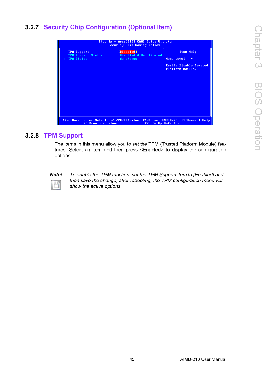 Advantech AIMB-210 user manual Security Chip Configuration Optional Item TPM Support 