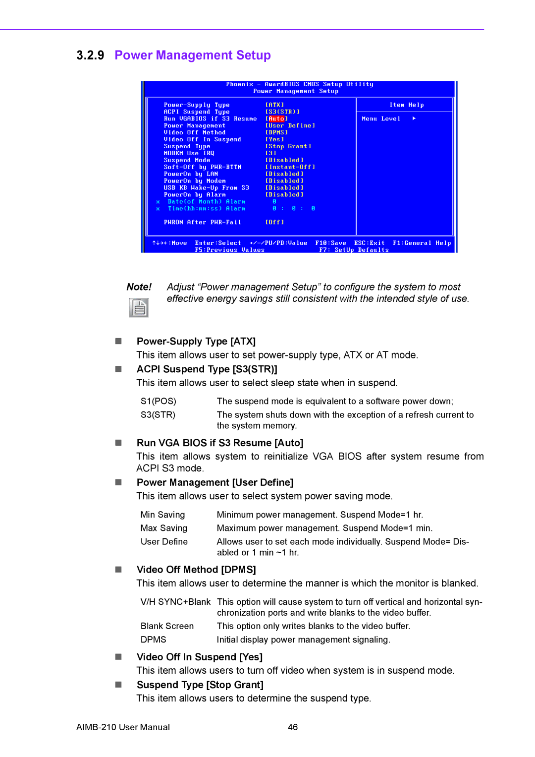 Advantech AIMB-210 user manual Power Management Setup 