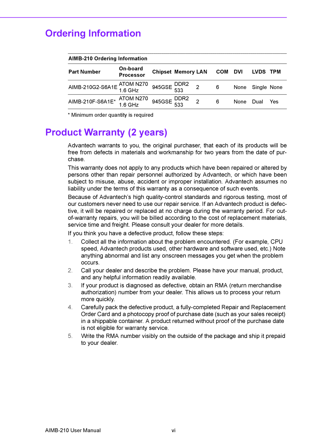 Advantech AIMB-210 user manual Ordering Information, Product Warranty 2 years 