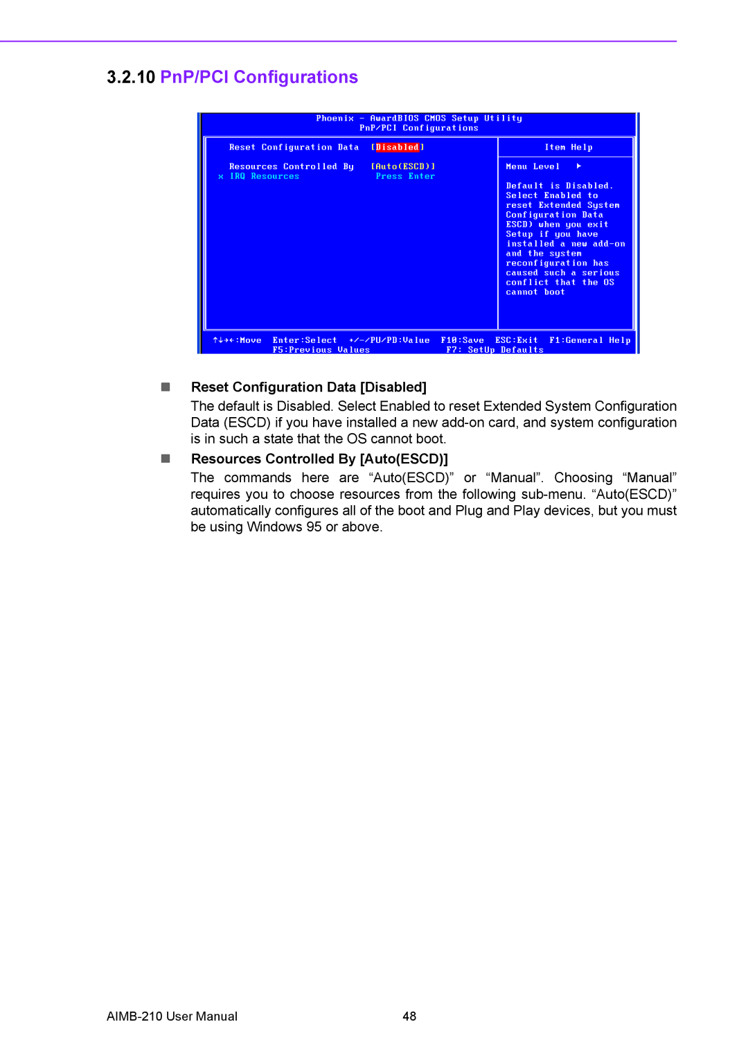 Advantech AIMB-210 10 PnP/PCI Configurations, Reset Configuration Data Disabled, Resources Controlled By AutoESCD 