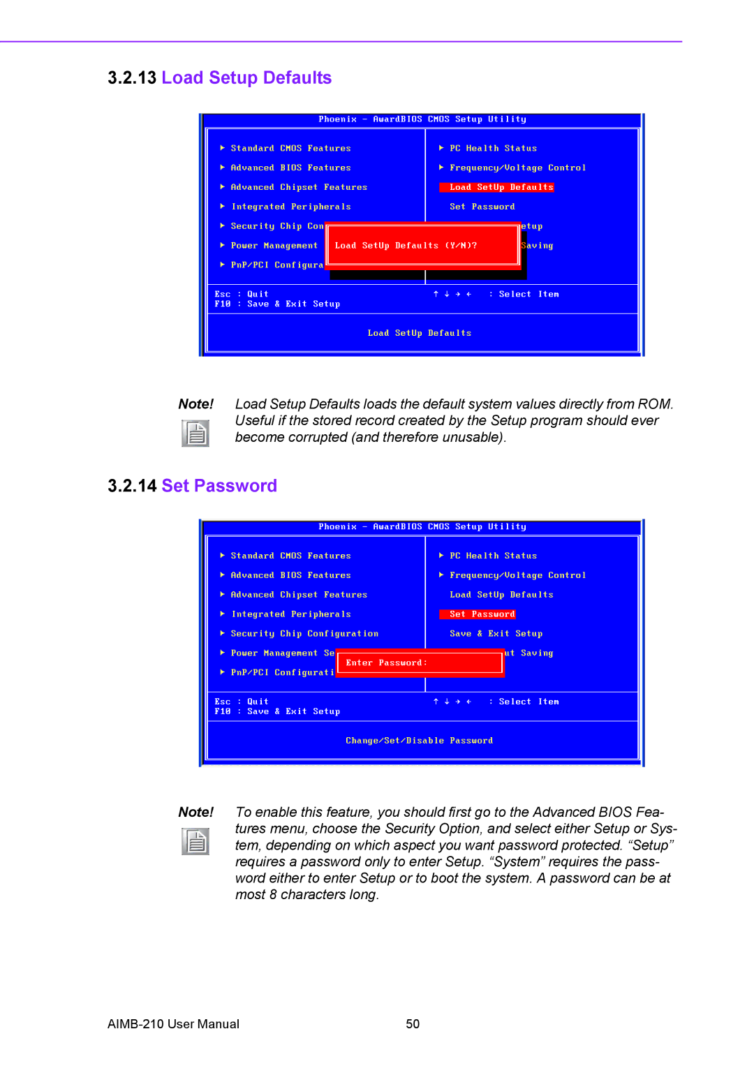 Advantech AIMB-210 user manual Load Setup Defaults Set Password 