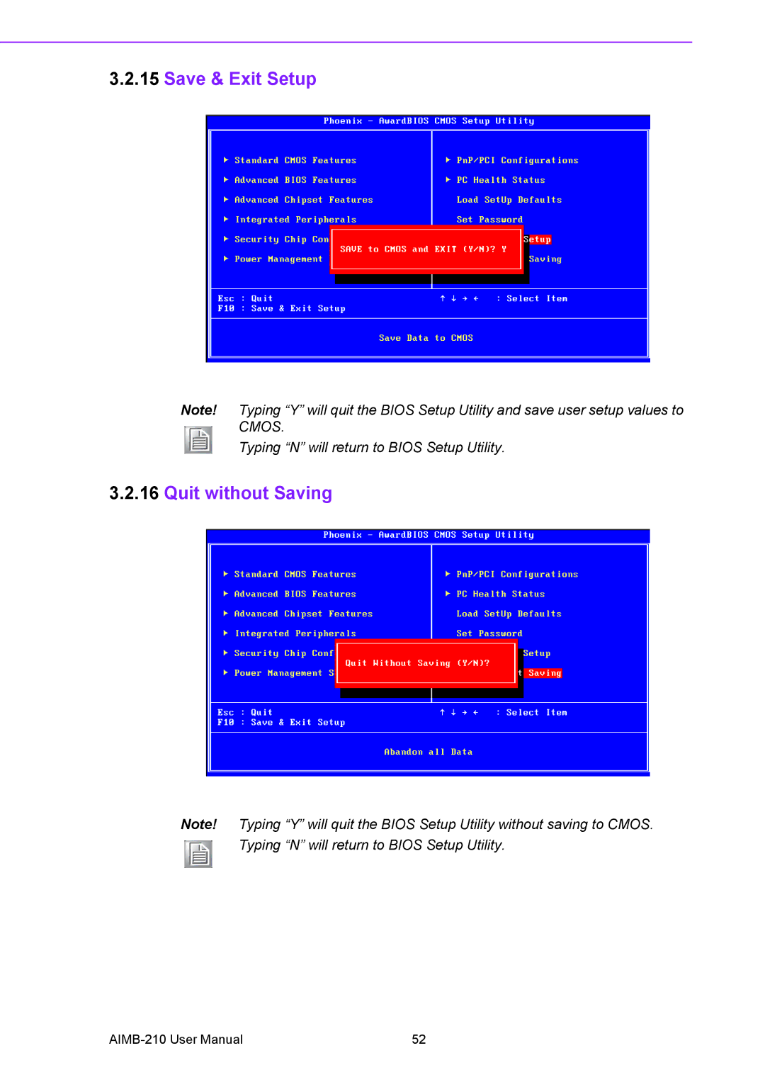 Advantech AIMB-210 user manual Save & Exit Setup, Quit without Saving 