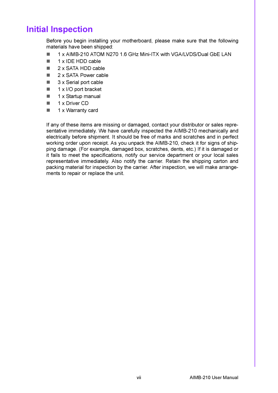 Advantech AIMB-210 user manual Initial Inspection 