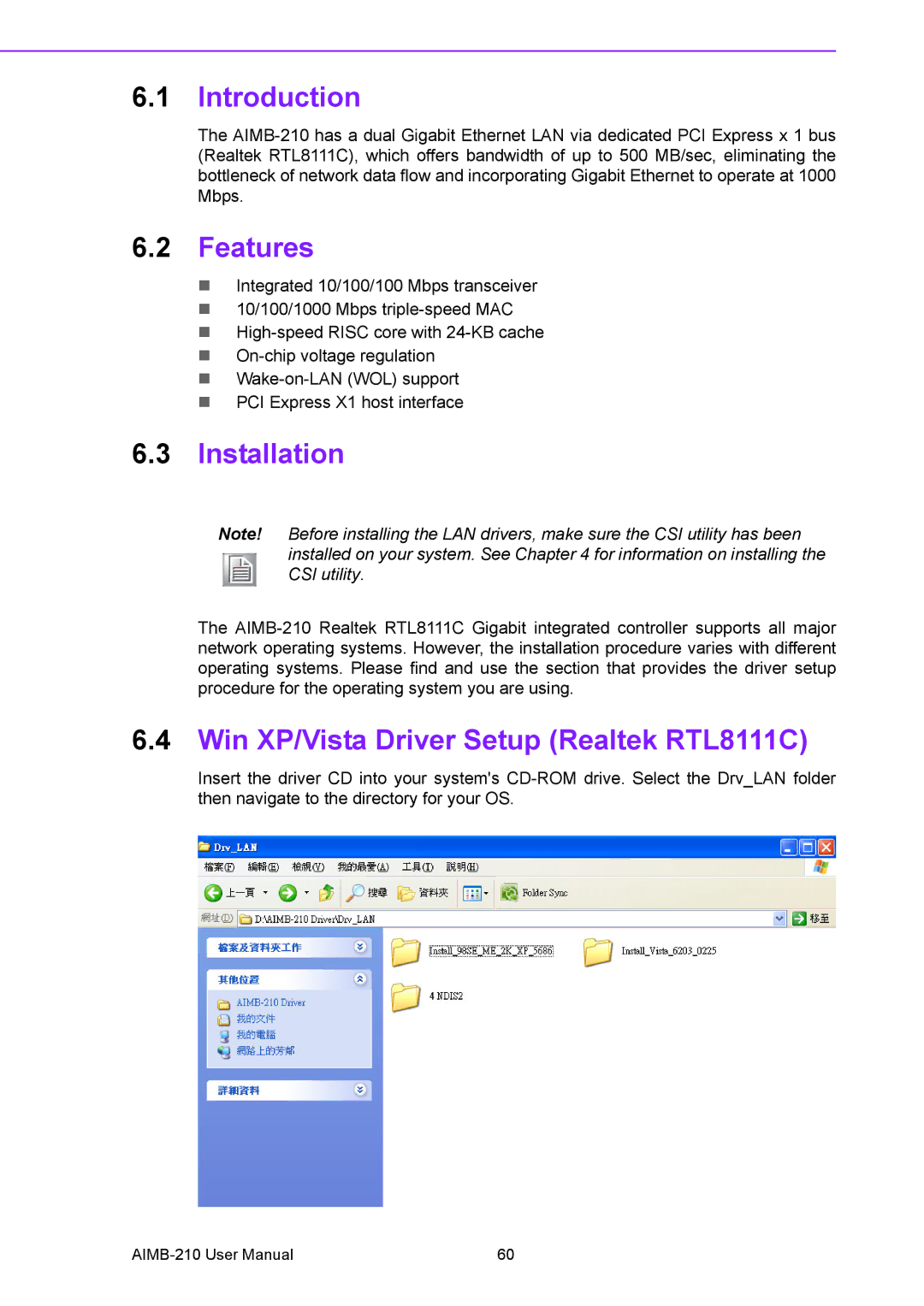 Advantech AIMB-210 user manual Installation, Win XP/Vista Driver Setup Realtek RTL8111C 