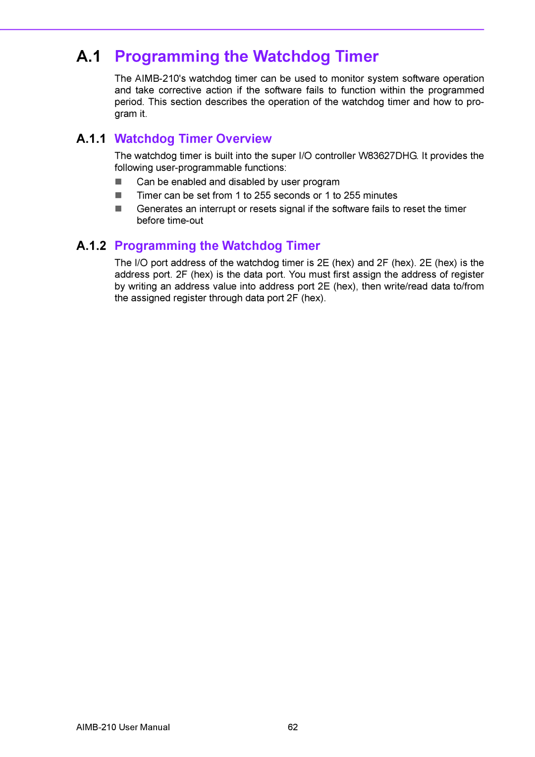 Advantech AIMB-210 user manual Programming the Watchdog Timer, Watchdog Timer Overview 