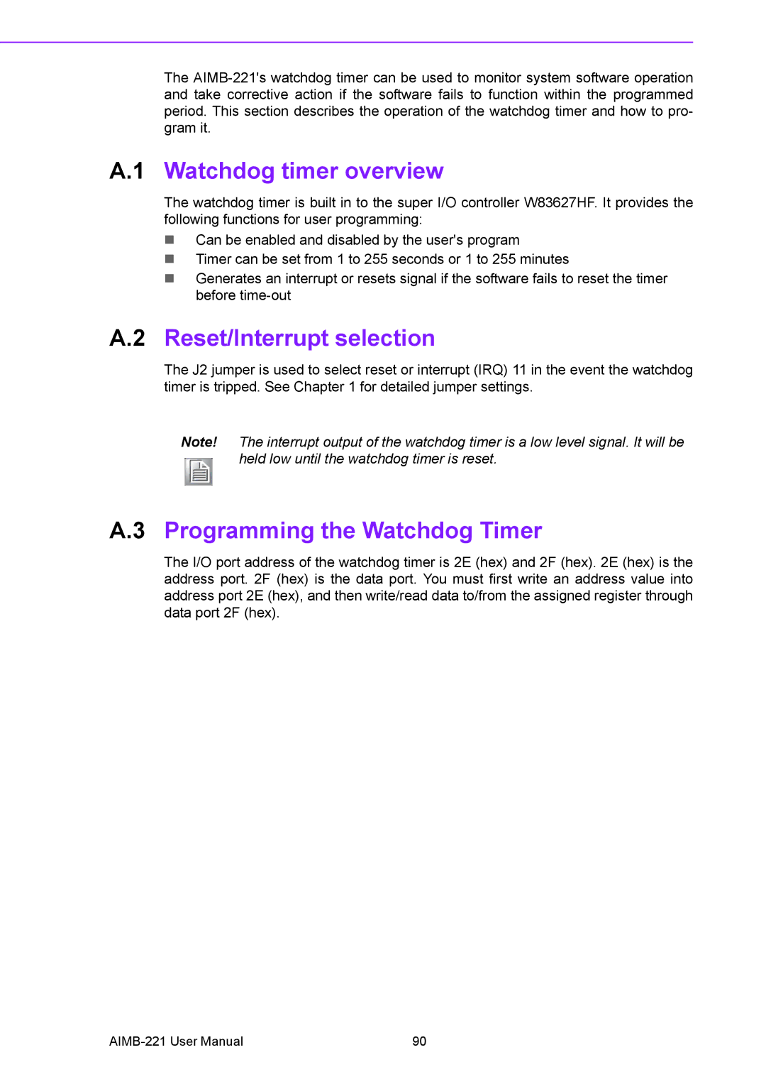 Advantech AIMB-221 manual Watchdog timer overview, Reset/Interrupt selection, Programming the Watchdog Timer 