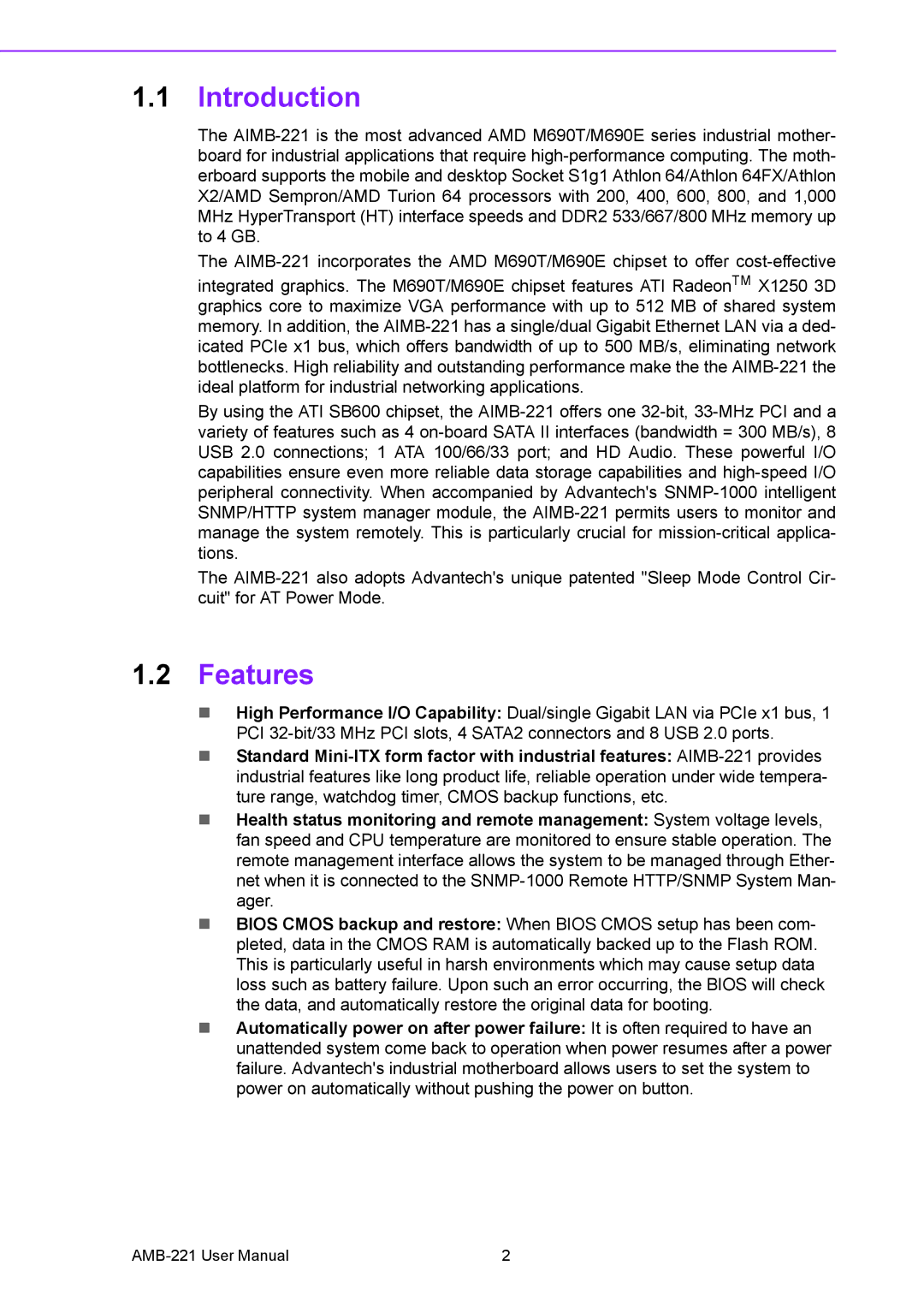 Advantech AIMB-221 manual Introduction, Features 