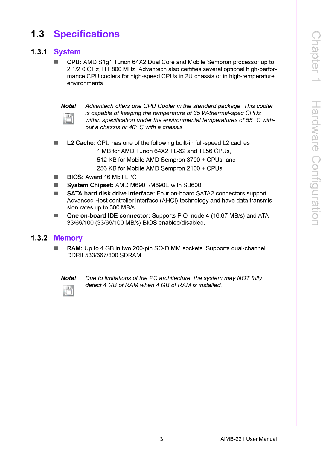 Advantech AIMB-221 manual Specifications, System, Memory 