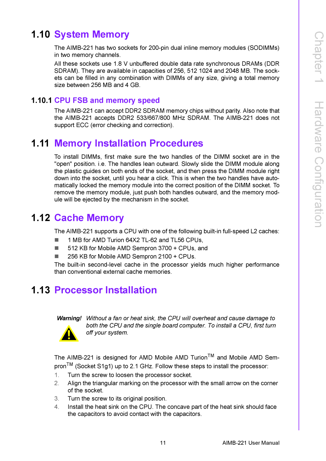 Advantech AIMB-221 manual System Memory, Memory Installation Procedures, Cache Memory, Processor Installation 