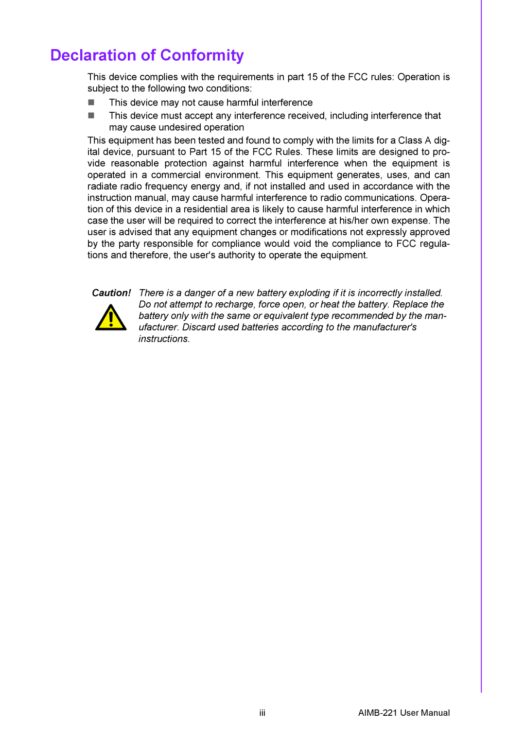 Advantech AIMB-221 manual Declaration of Conformity 