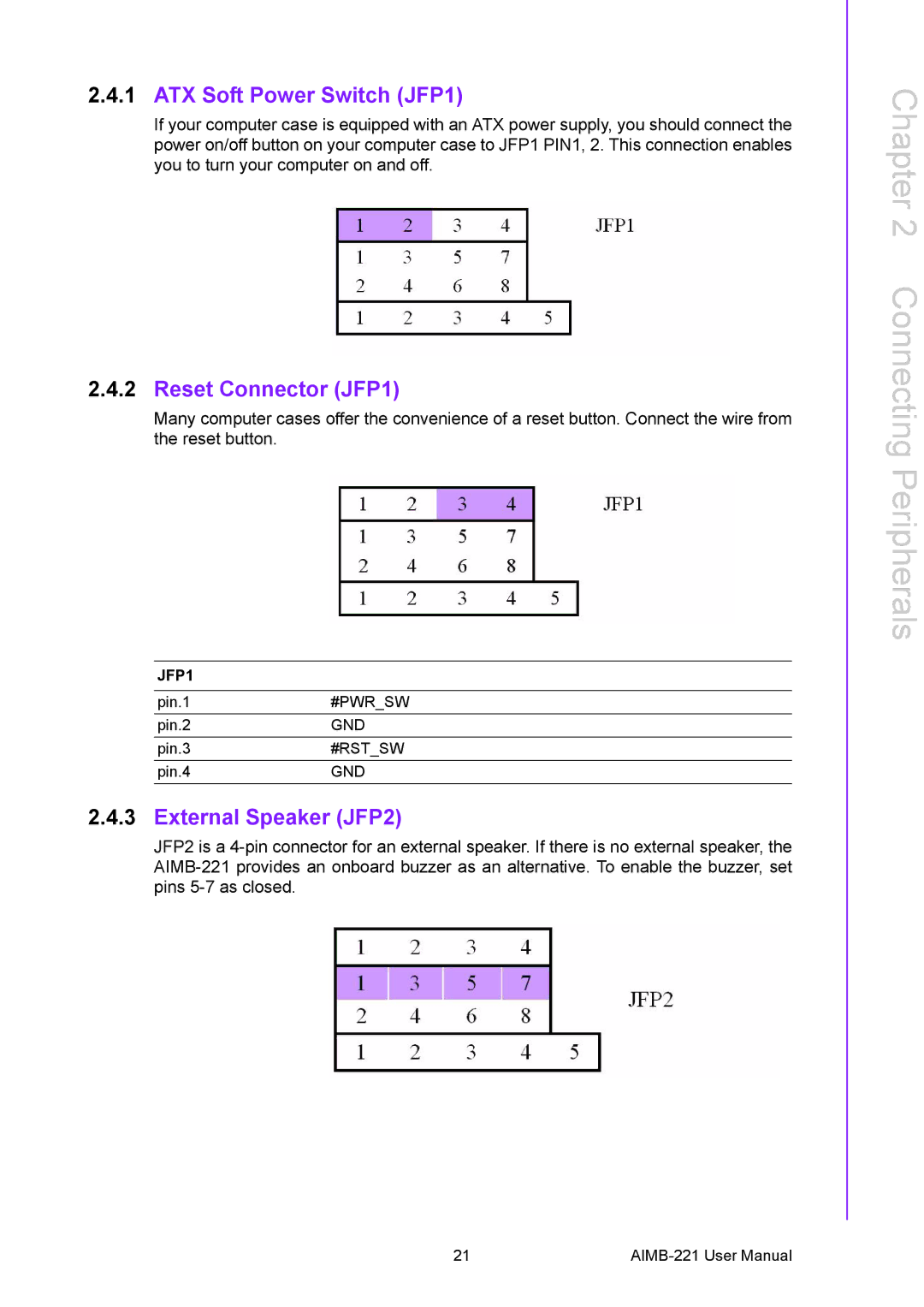 Advantech AIMB-221 manual ATX Soft Power Switch JFP1, Reset Connector JFP1, External Speaker JFP2 