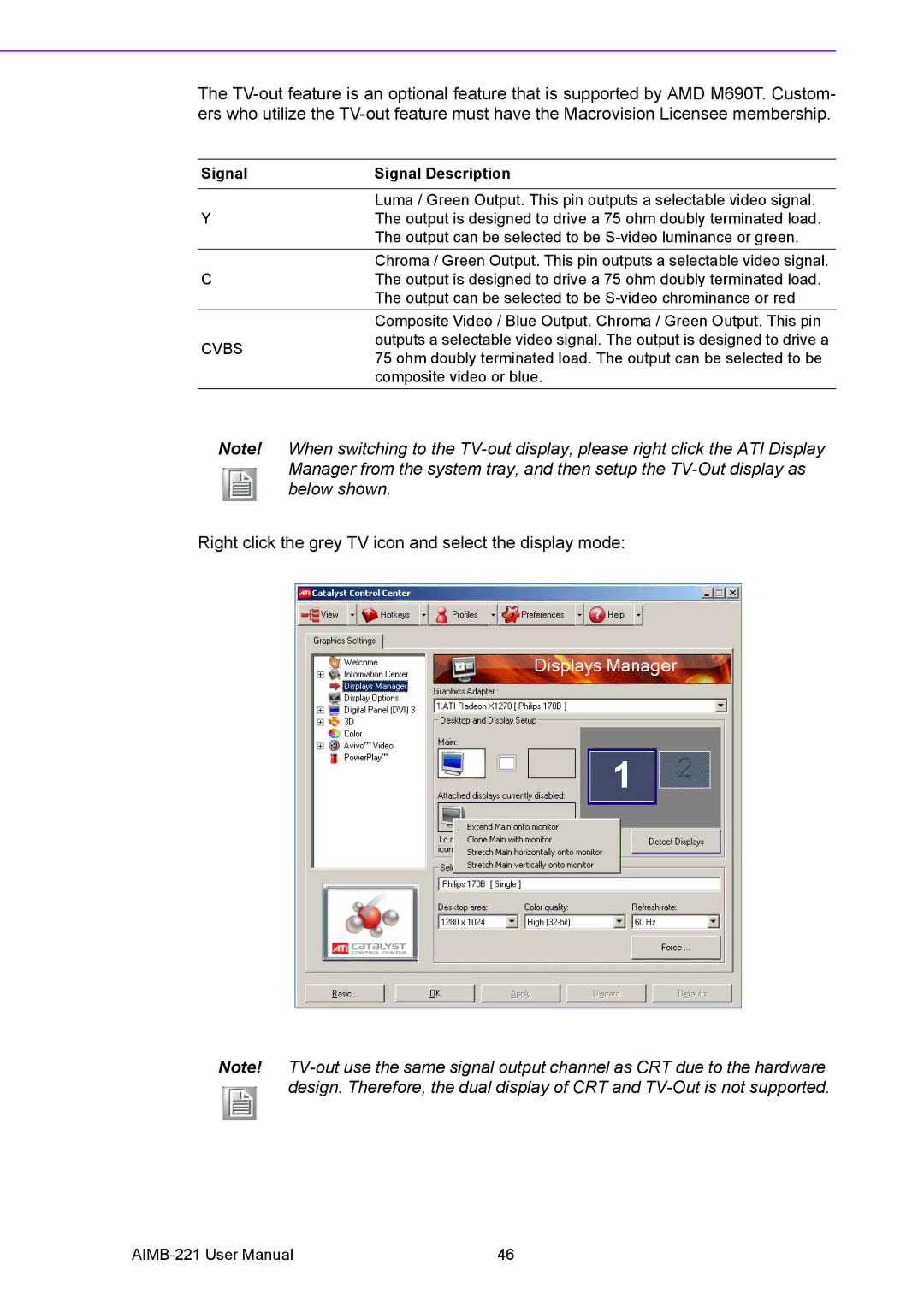 Advantech AIMB-221 manual Right click the grey TV icon and select the display mode 