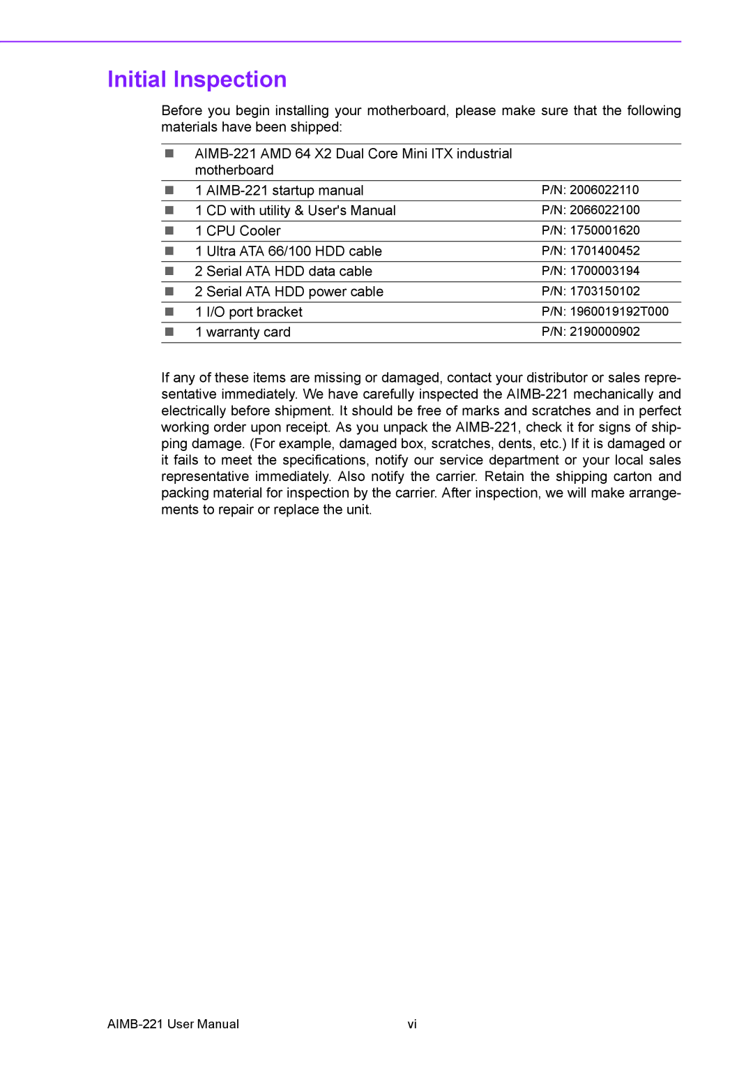 Advantech AIMB-221 manual Initial Inspection 