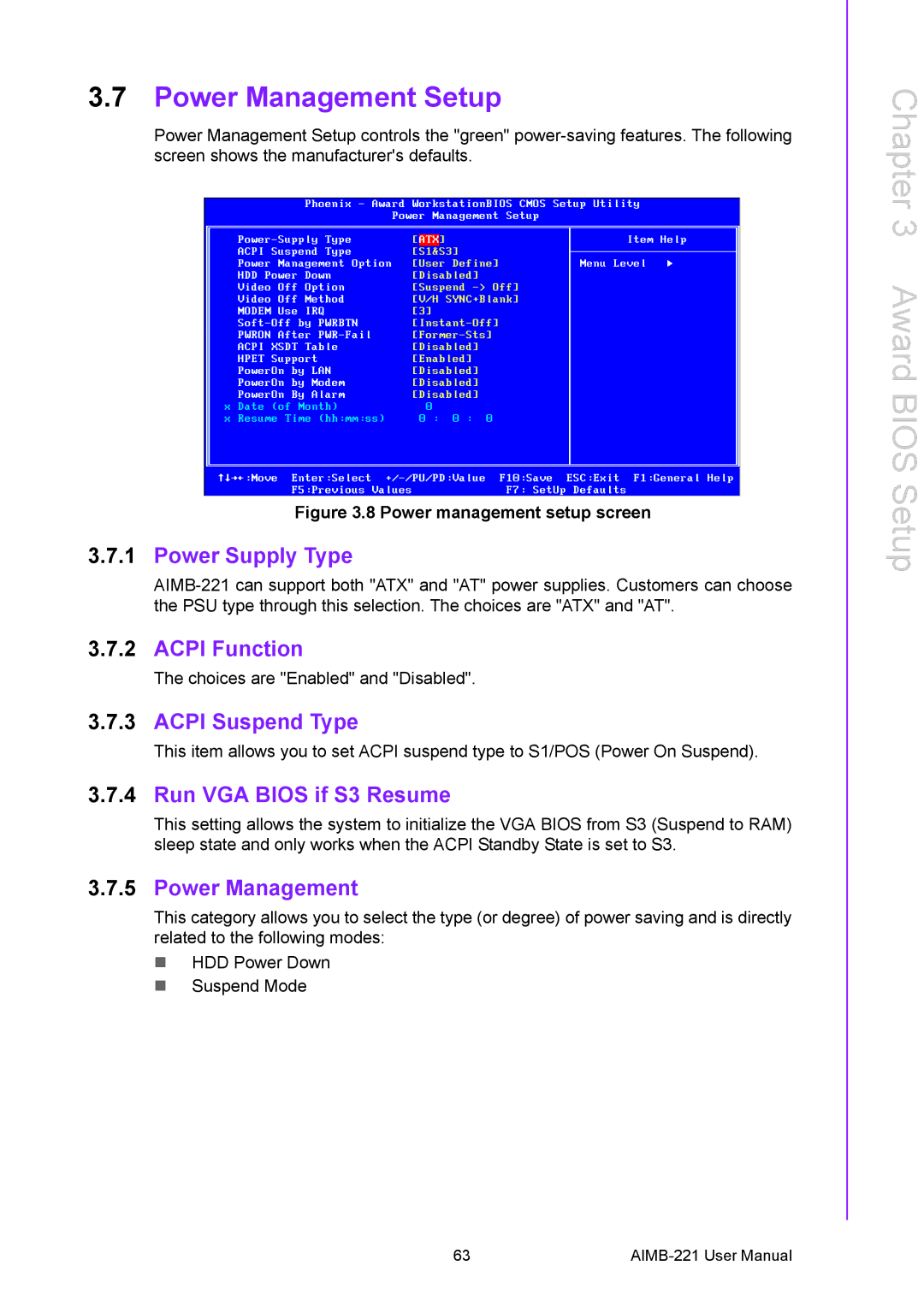 Advantech AIMB-221 manual Power Management Setup 