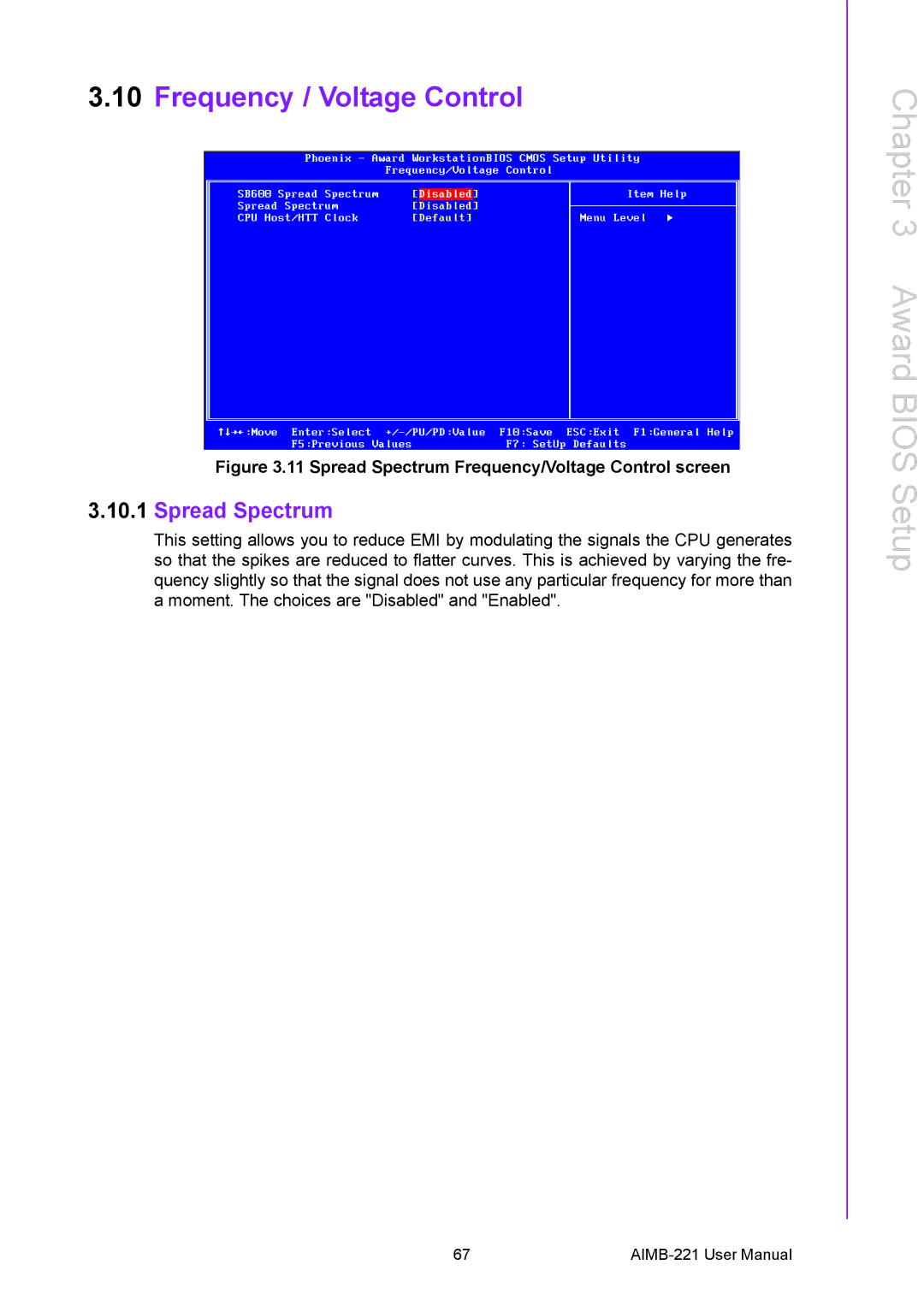 Advantech AIMB-221 manual Frequency / Voltage Control, Spread Spectrum 