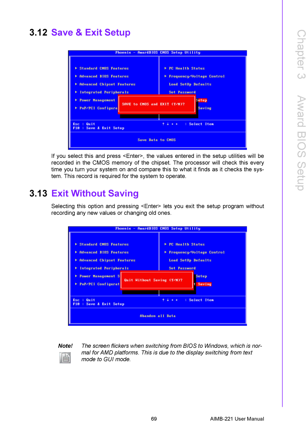 Advantech AIMB-221 manual Save & Exit Setup, Exit Without Saving 