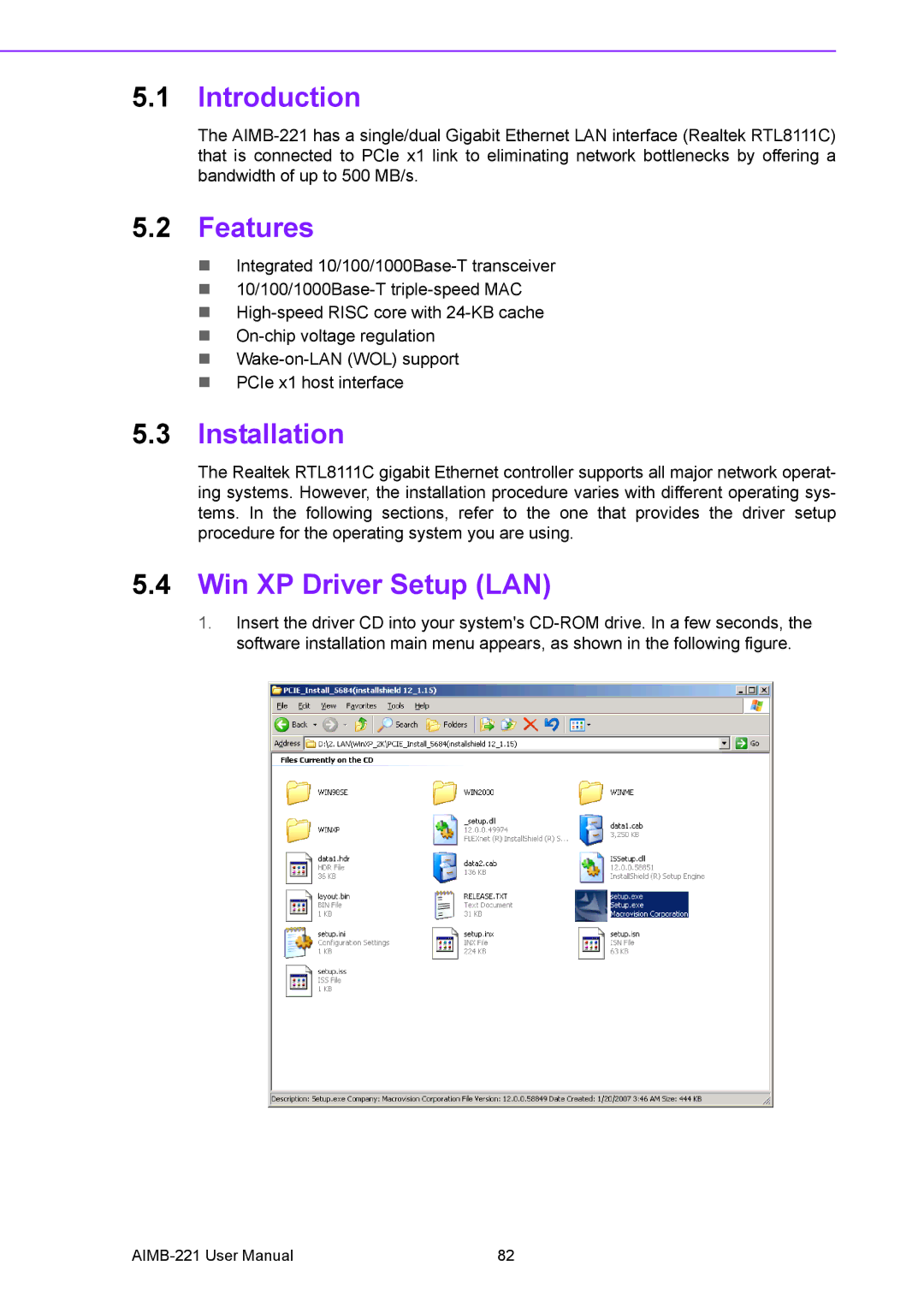 Advantech AIMB-221 manual Installation, Win XP Driver Setup LAN 