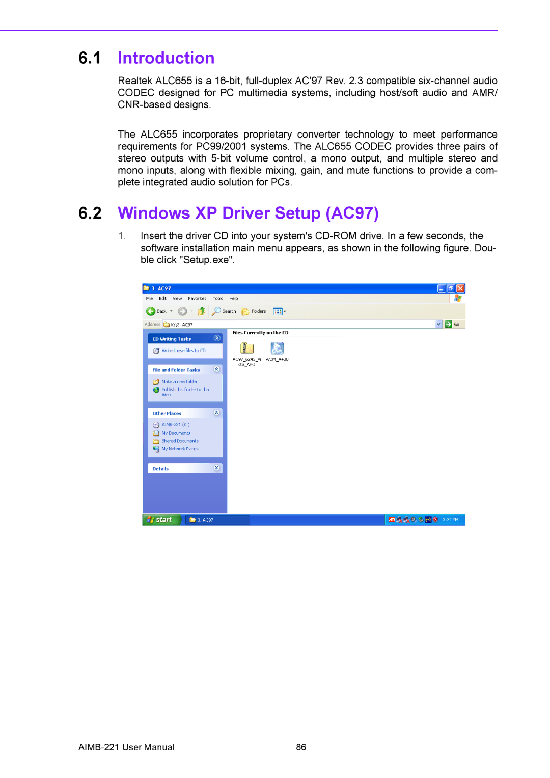 Advantech AIMB-221 manual Introduction, Windows XP Driver Setup AC97 